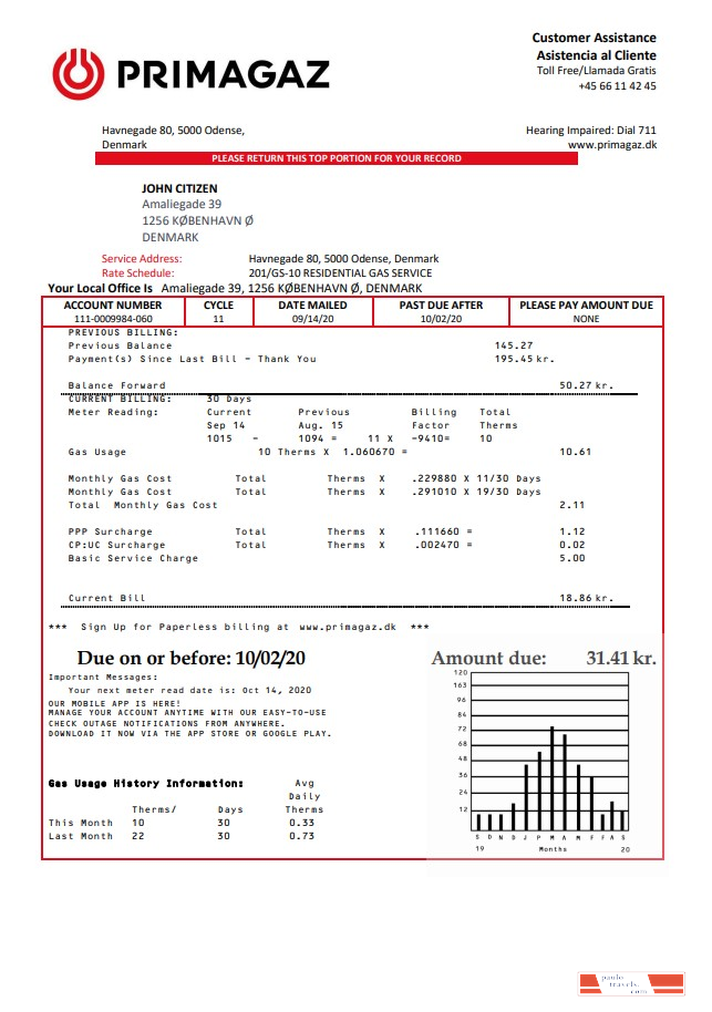 Denmark Primagaz Denmark gas utility bill template in Word and PDF format